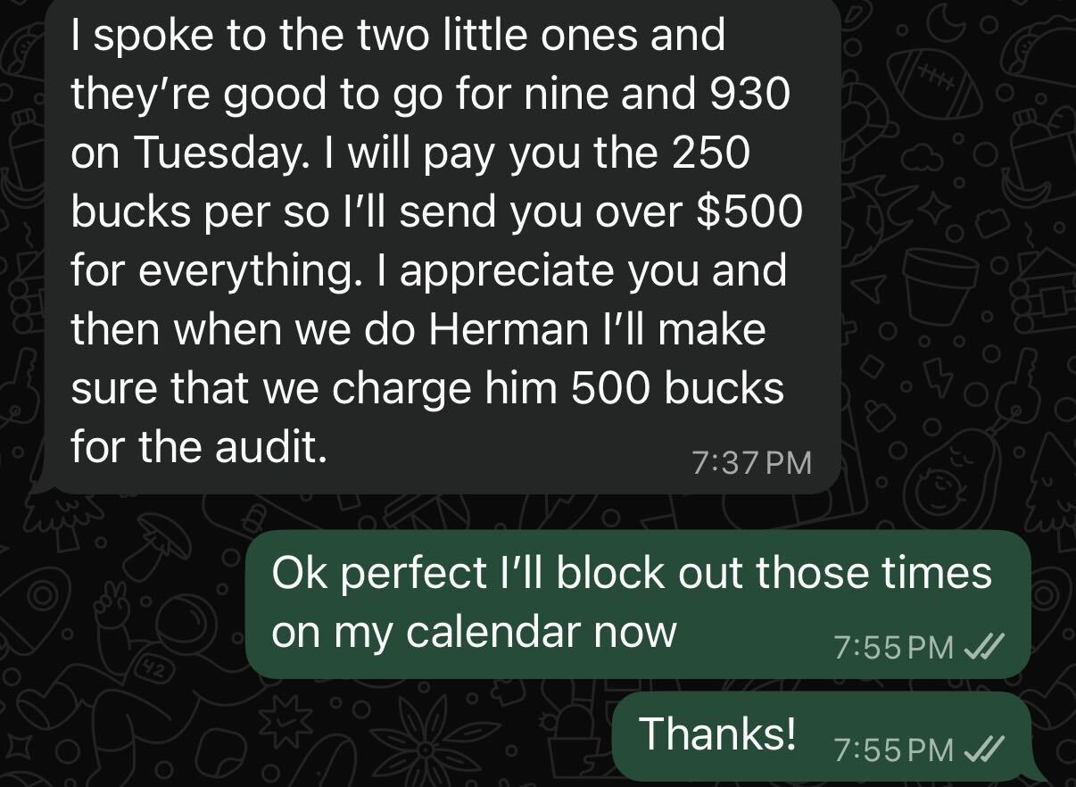 WhatsApp message confirming two audits booked at $250 each