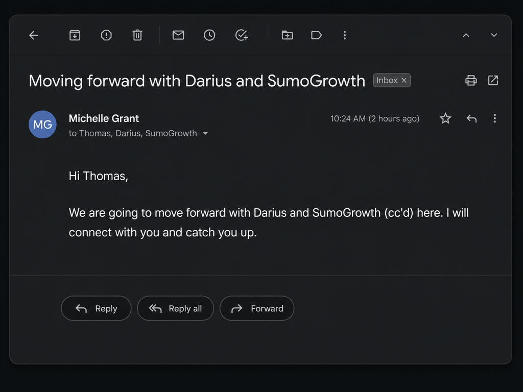 Client email: moving forward with SumoGrowth